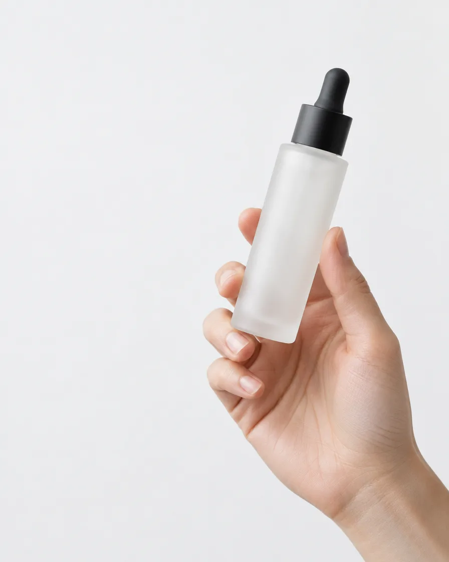 A hand holding a frosted glass dropper bottle