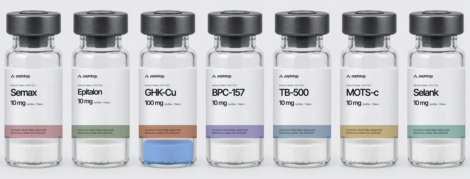 Peptology araştırma ürünleri flakonları: Semax, Epitalon, GHK-Cu, BPC-157, TB-500, MOTS-c, Selank (temsili görsel)